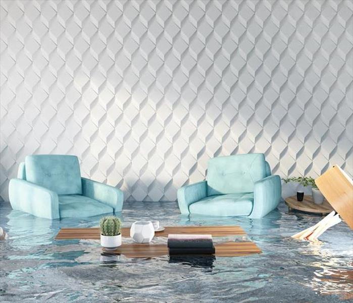 Standing water in a living room with floating chairs 